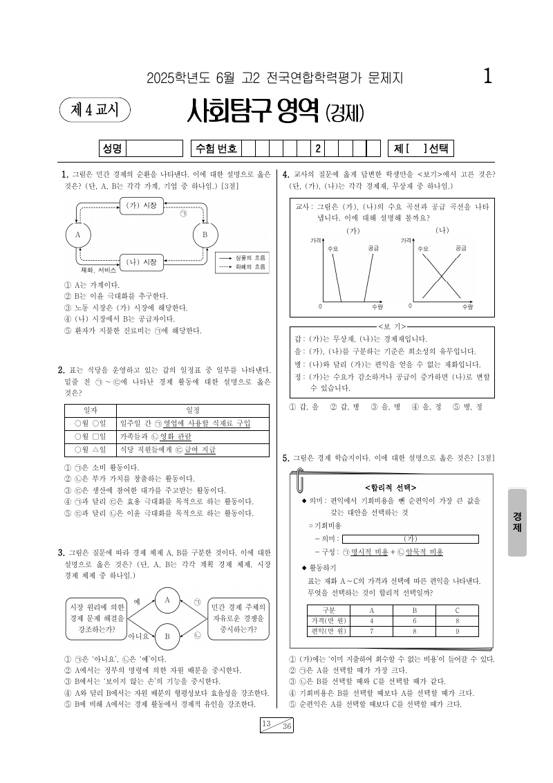 2025년 6월 고2 학력평가 경제 시험지 첫 페이지