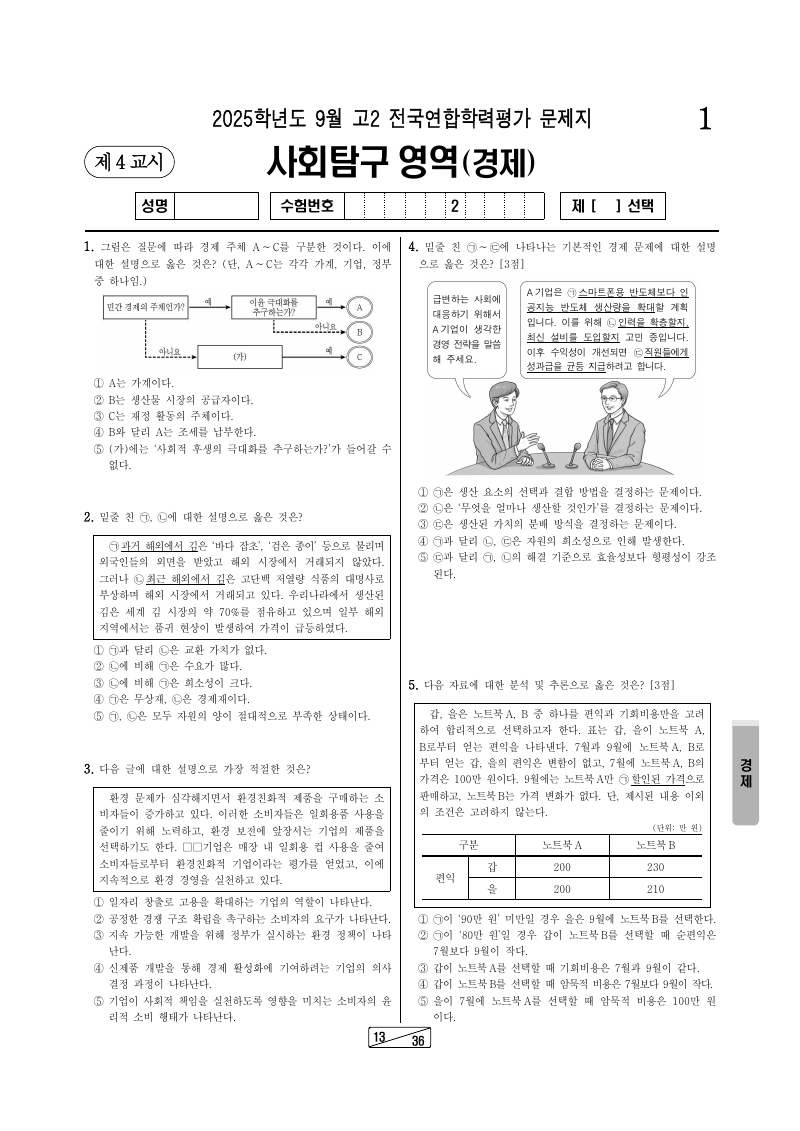 2025년 9월 고2 학력평가 경제 시험지 첫 페이지