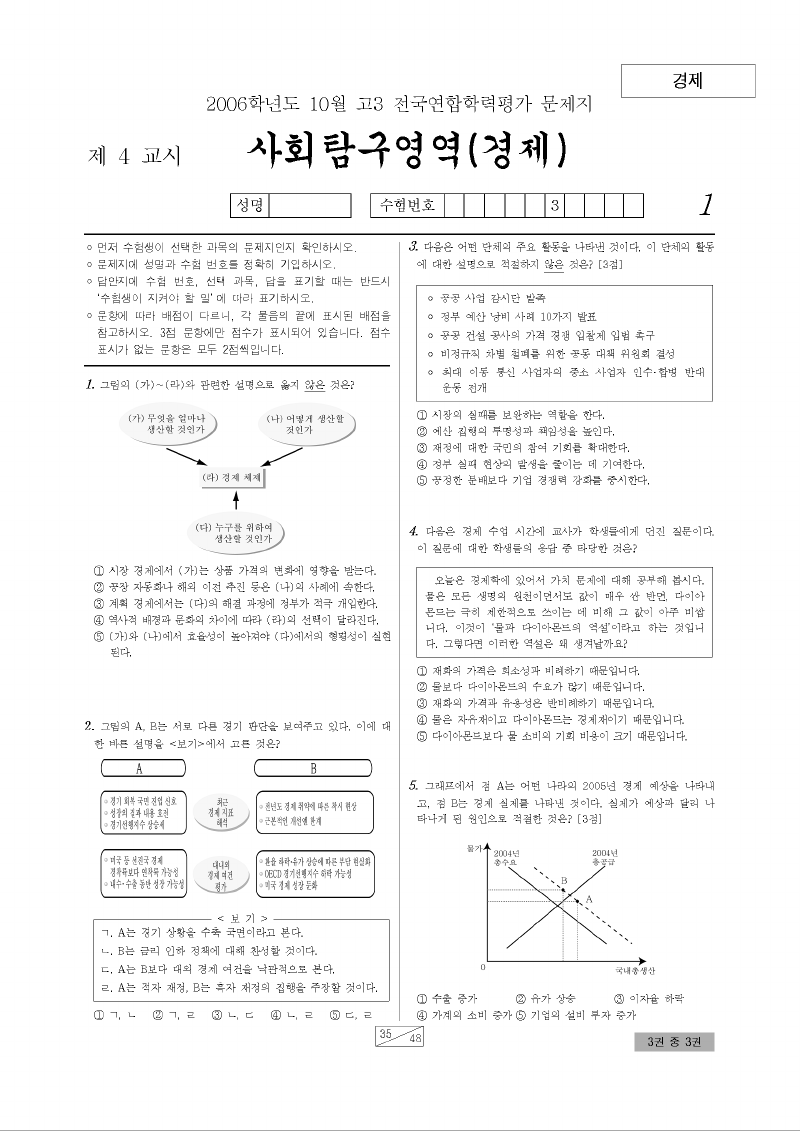 2006년 10월 고3 학력평가 경제 시험지 첫 페이지