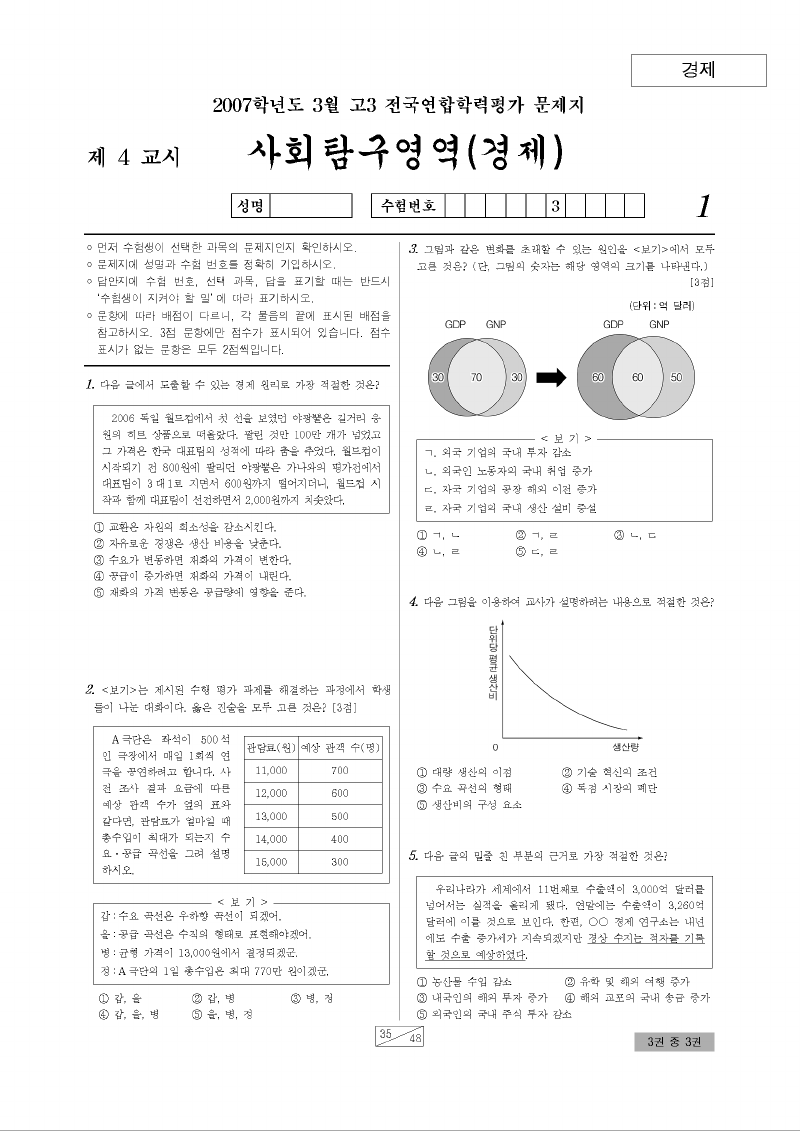 2007년 3월 고3 학력평가 경제 시험지 첫 페이지