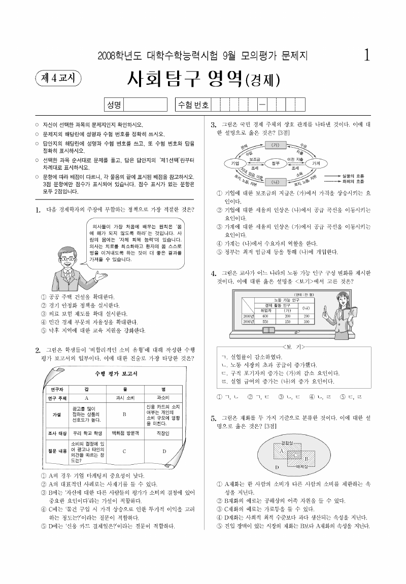 2008학년도 9월 모의평가 경제 시험지 첫 페이지