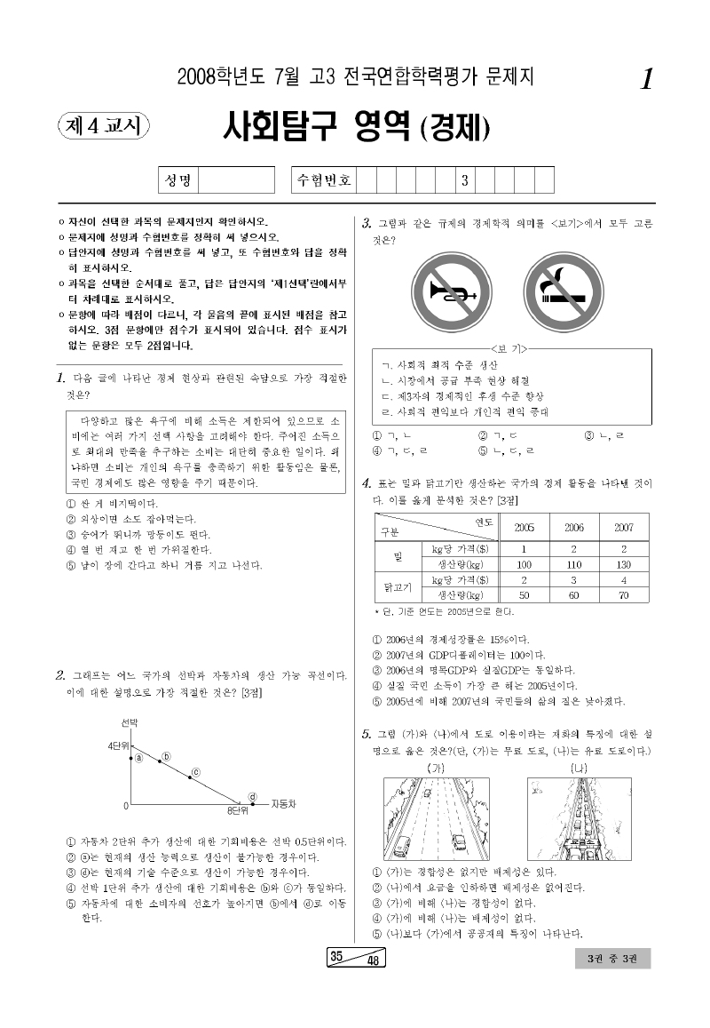 2008년 7월 고3 학력평가 경제 시험지 첫 페이지