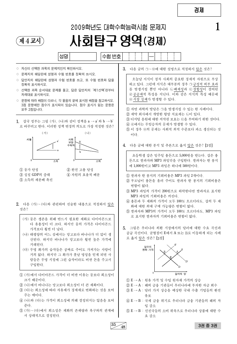 2009학년도 대학수학능력시험 경제 시험지 첫 페이지