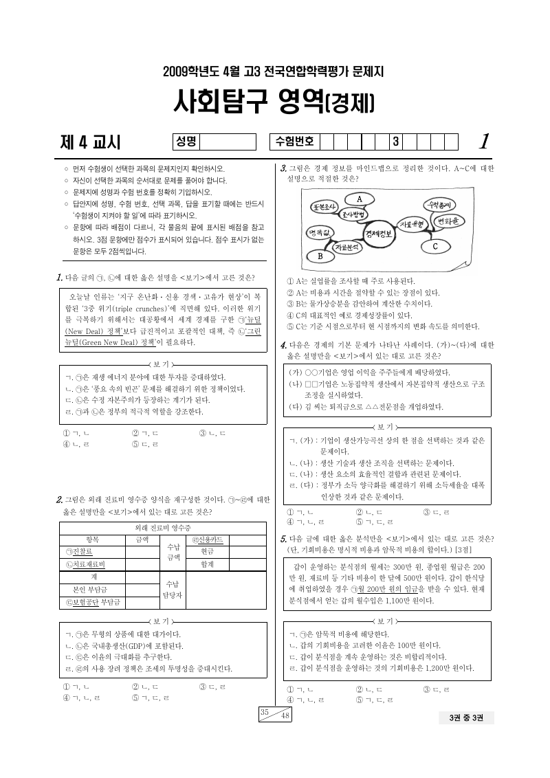 2009년 4월 고3 학력평가 경제 시험지 첫 페이지