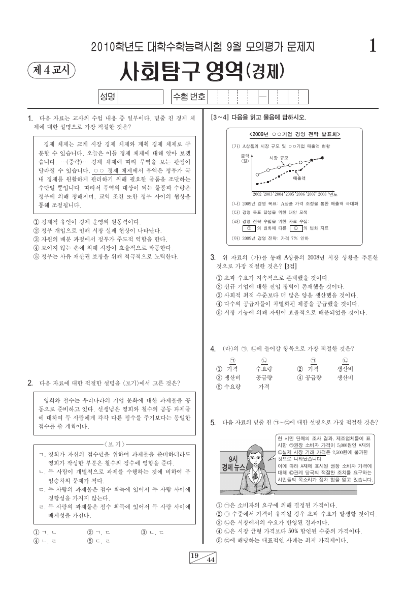 2010학년도 9월 모의평가 경제 시험지 첫 페이지