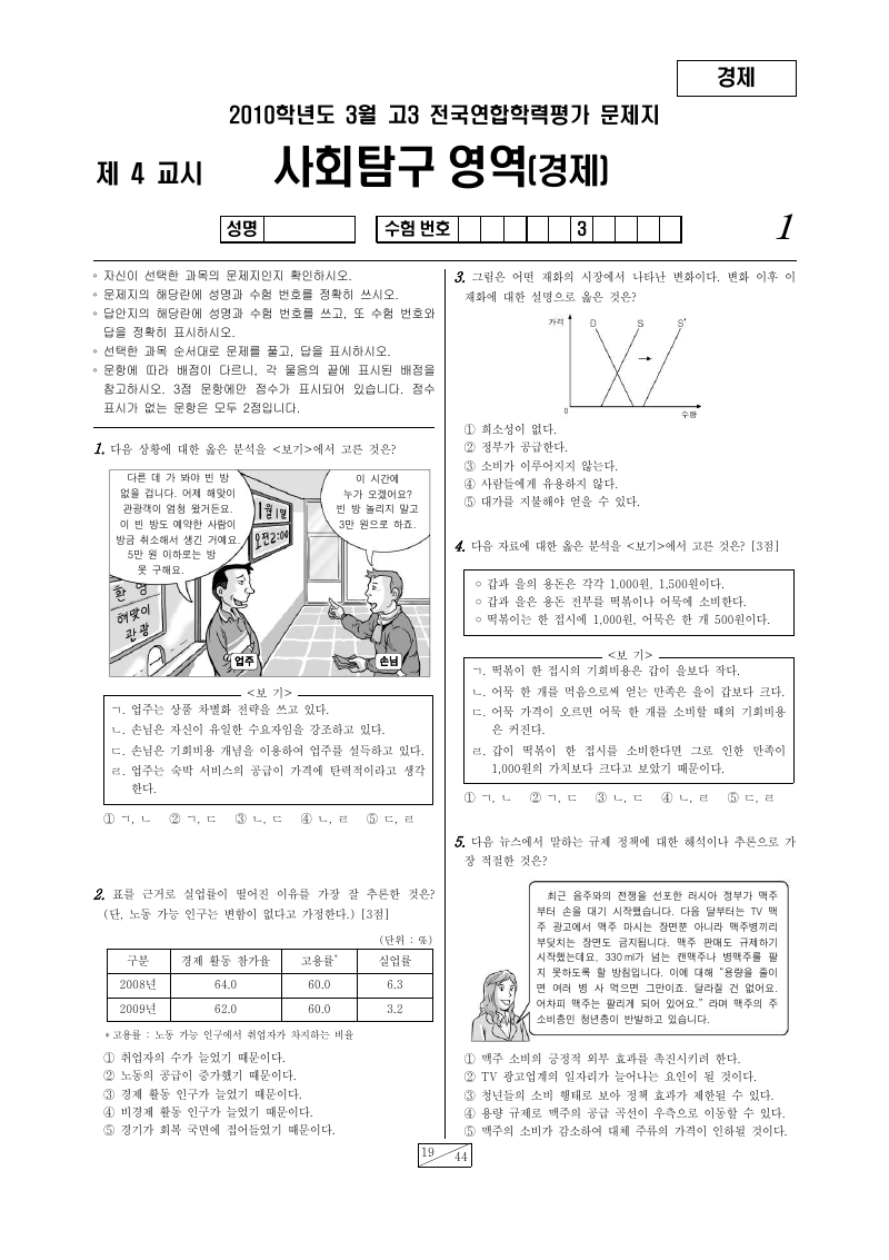 2010년 3월 고3 학력평가 경제 시험지 첫 페이지