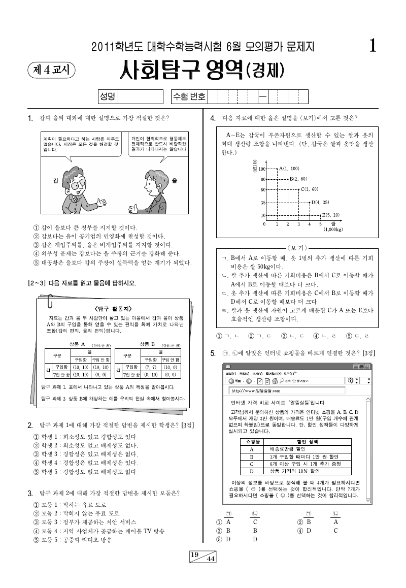 2011학년도 6월 모의평가 경제 시험지 첫 페이지