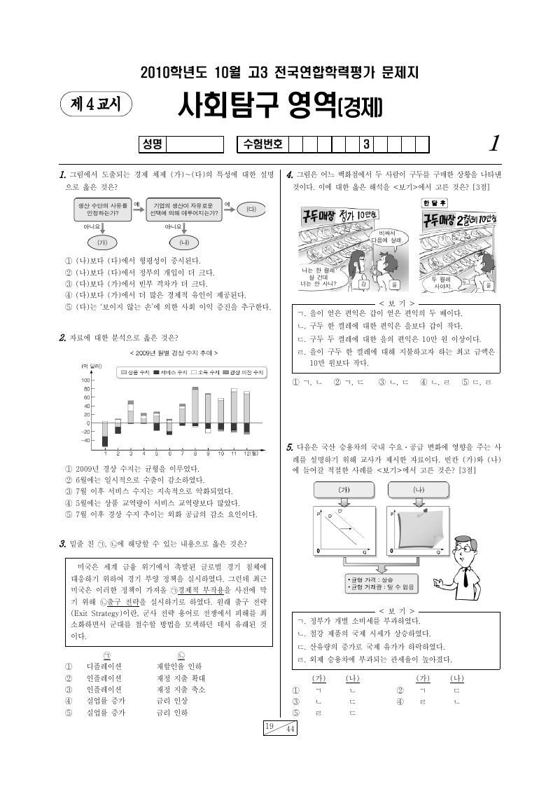 2010년 10월 고3 학력평가 경제 시험지 첫 페이지