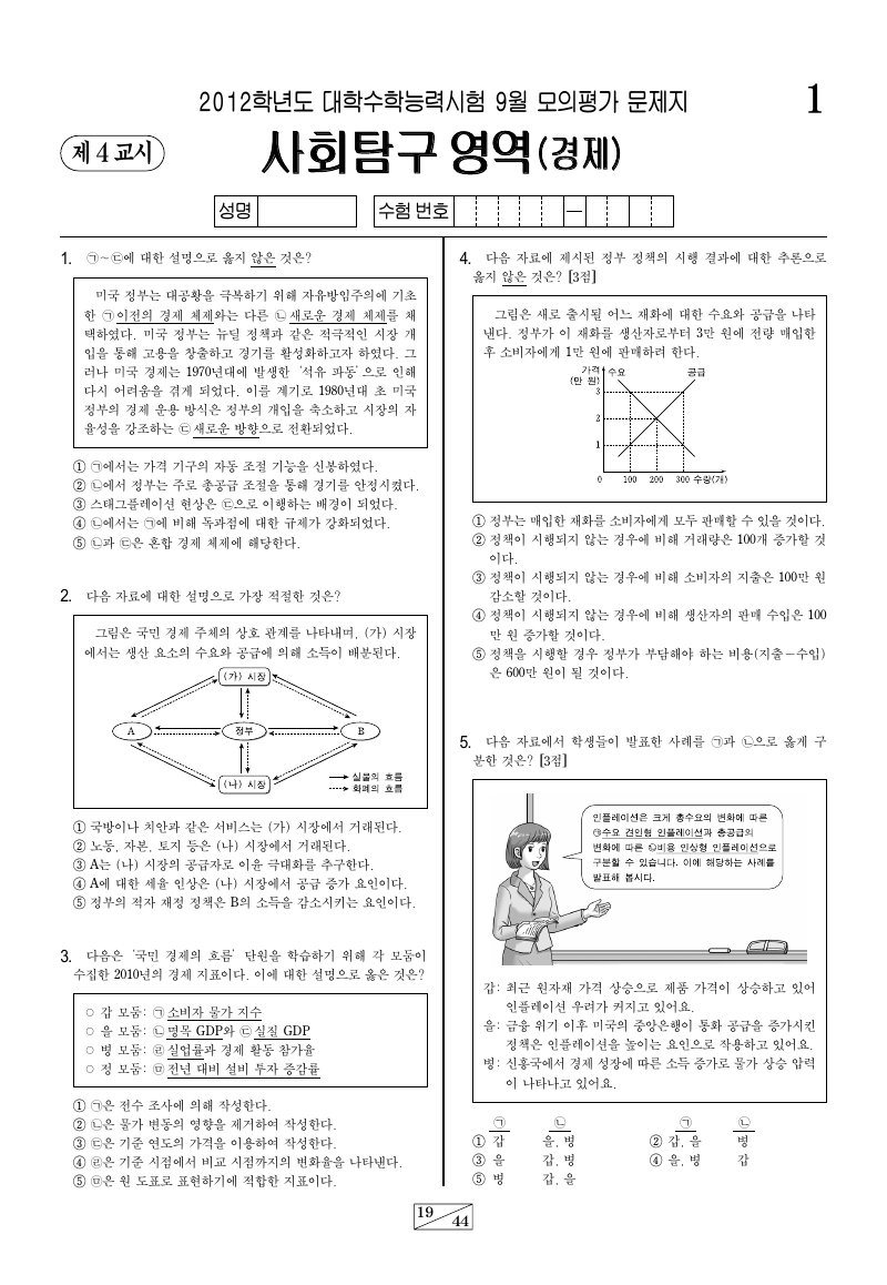 2012학년도 9월 모의평가 경제 시험지 첫 페이지