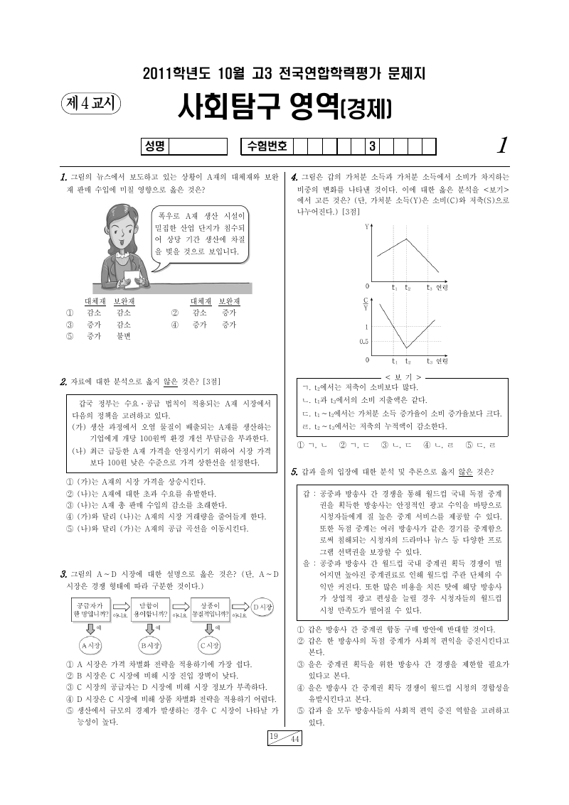 2011년 10월 고3 학력평가 경제 시험지 첫 페이지