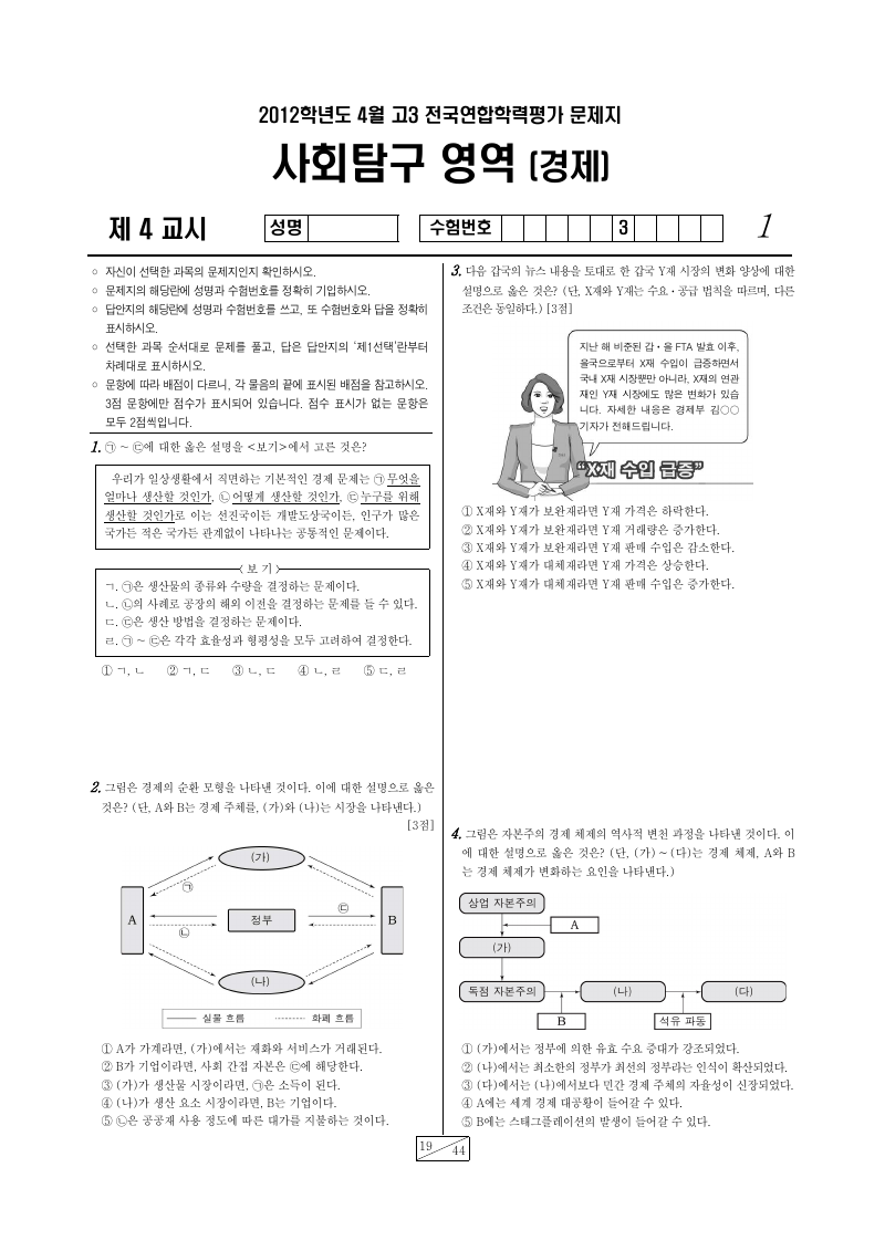 2012년 4월 고3 학력평가 경제 시험지 첫 페이지