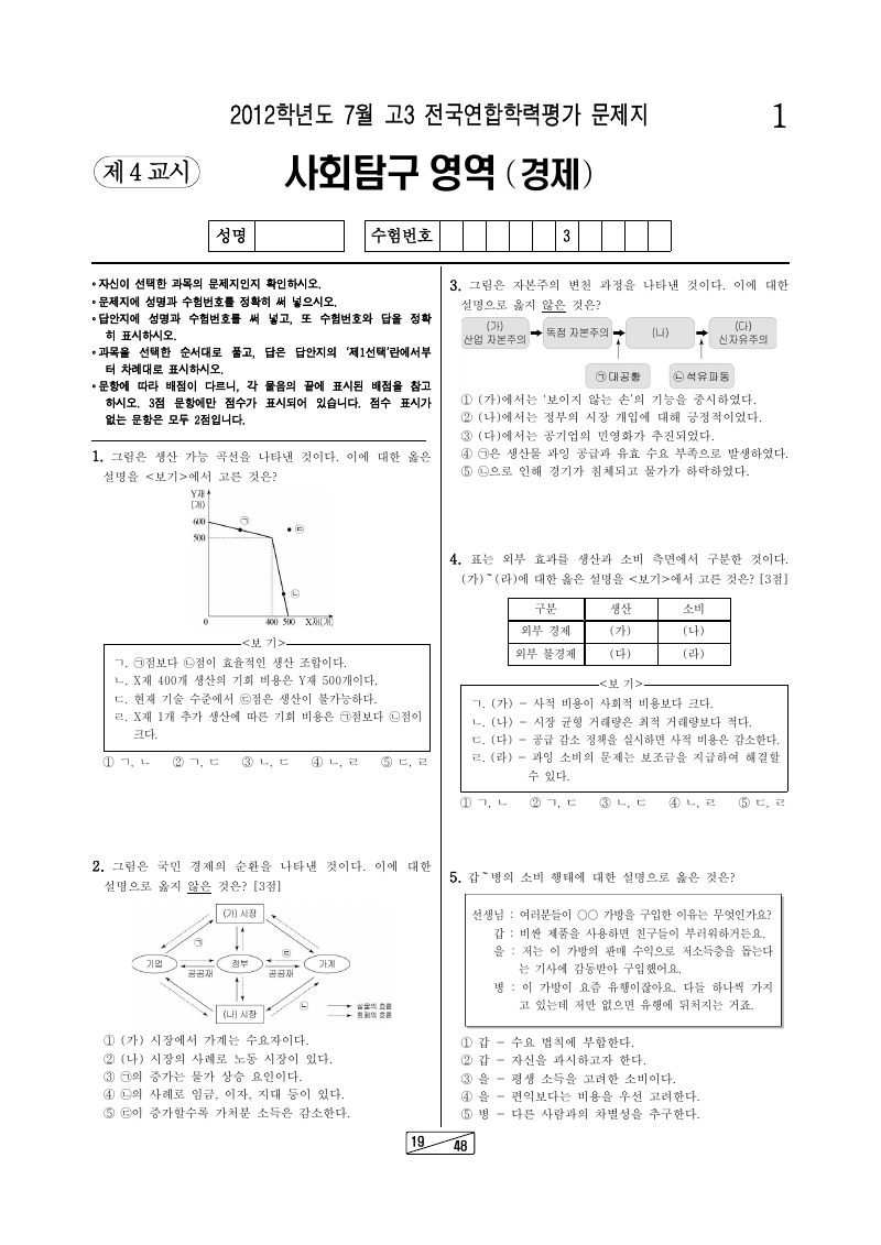 2012년 7월 고3 학력평가 경제 시험지 첫 페이지