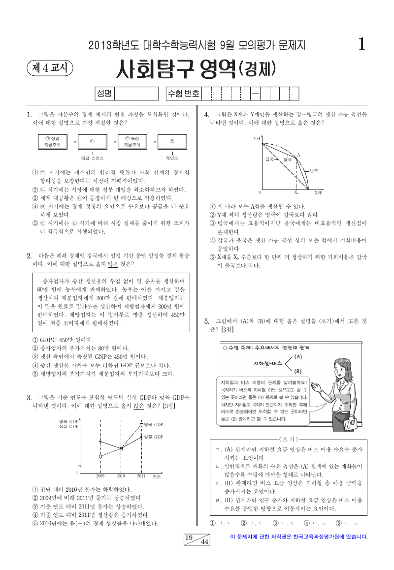 2013학년도 9월 모의평가 경제 시험지 첫 페이지
