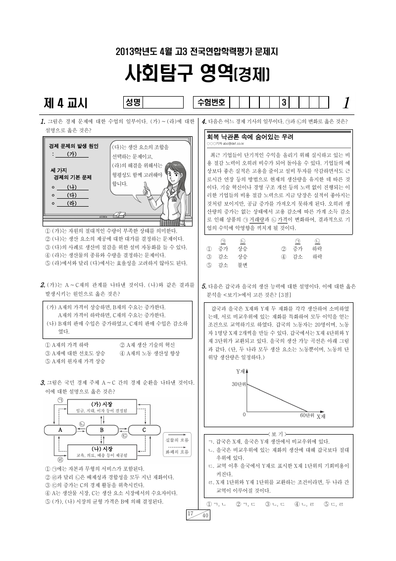 2013년 4월 고3 학력평가 경제 시험지 첫 페이지
