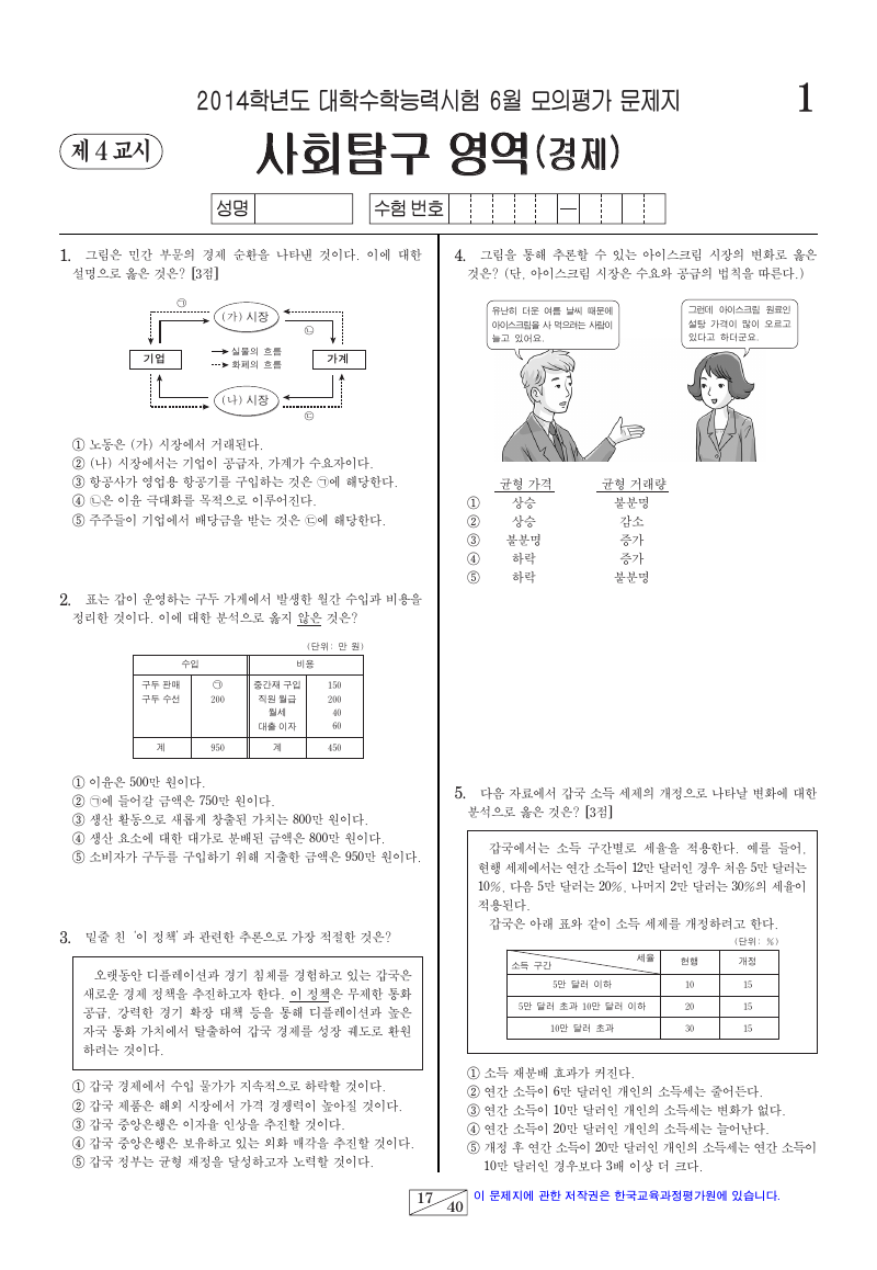 2014학년도 6월 모의평가 경제 시험지 첫 페이지