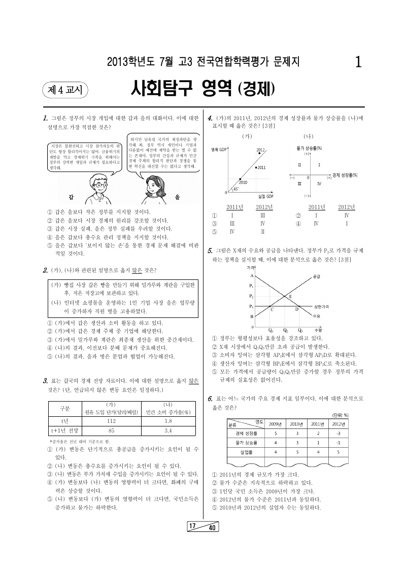 2013년 7월 고3 학력평가 경제 시험지 첫 페이지