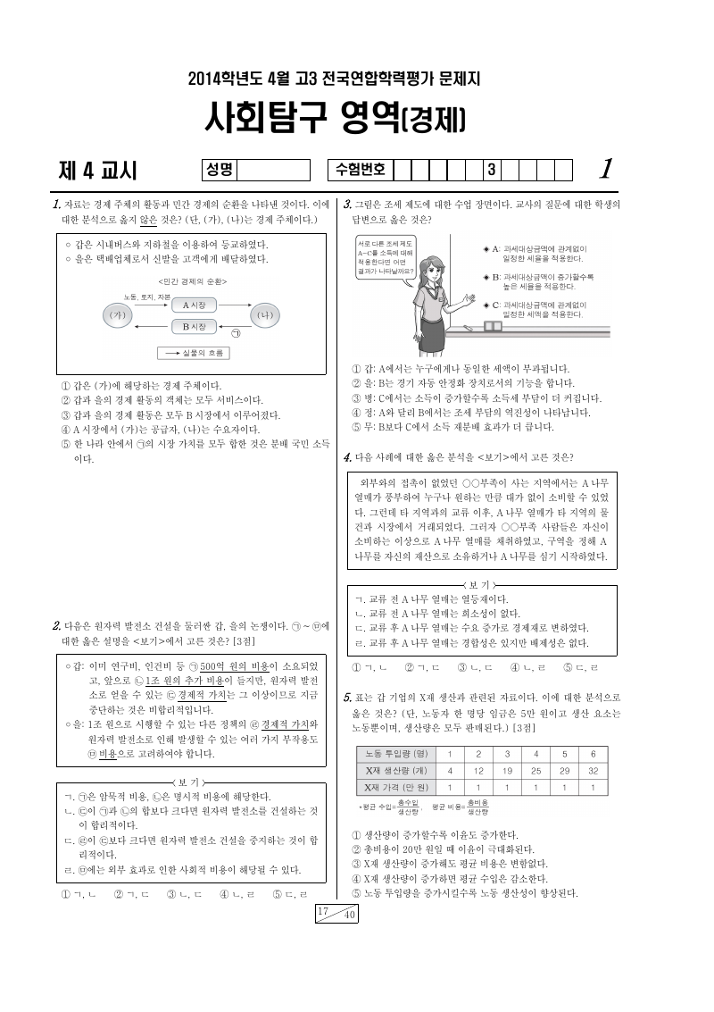2014년 4월 고3 학력평가 경제 시험지 첫 페이지