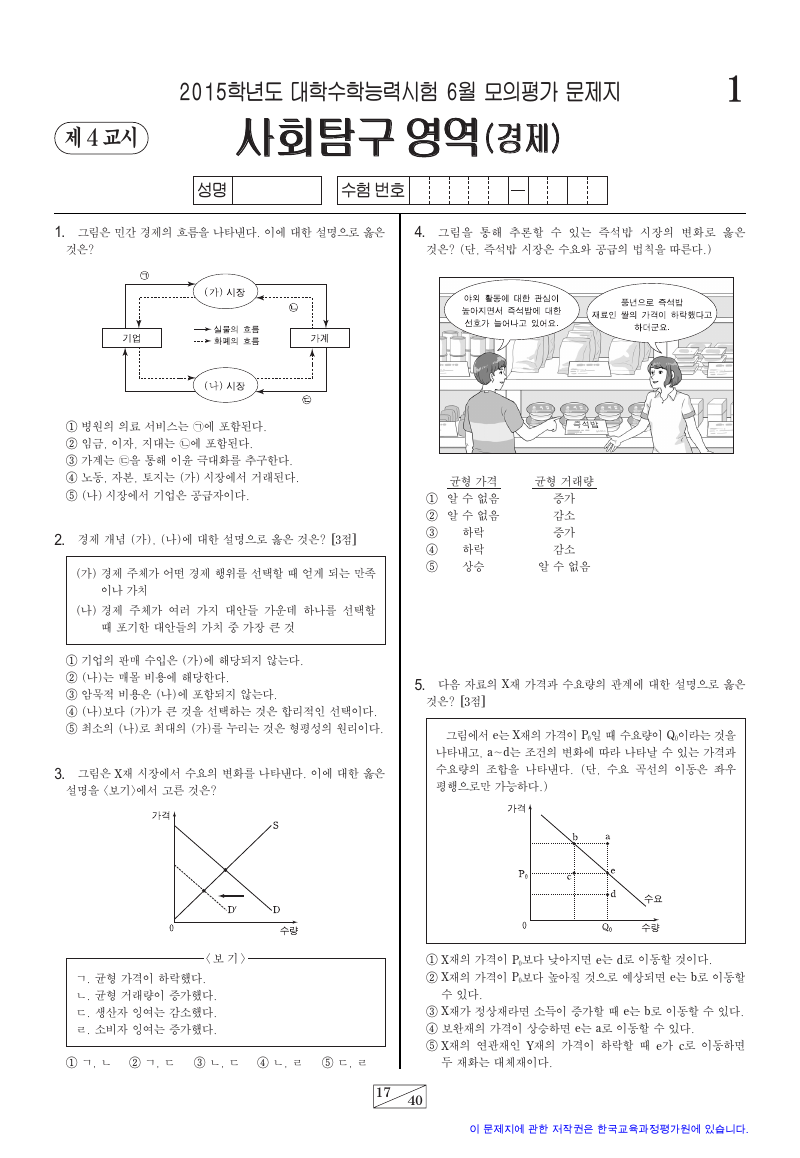 2015학년도 6월 모의평가 경제 시험지 첫 페이지
