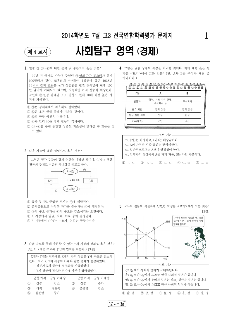 2014년 7월 고3 학력평가 경제 시험지 첫 페이지