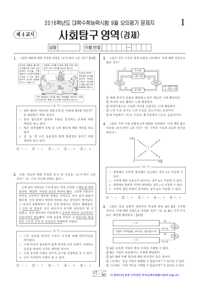 2016학년도 9월 모의평가 경제 시험지 첫 페이지
