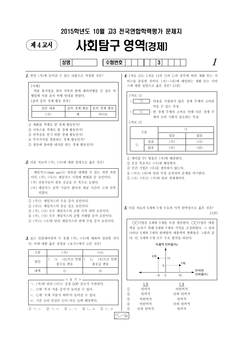 2015년 10월 고3 학력평가 경제 시험지 첫 페이지