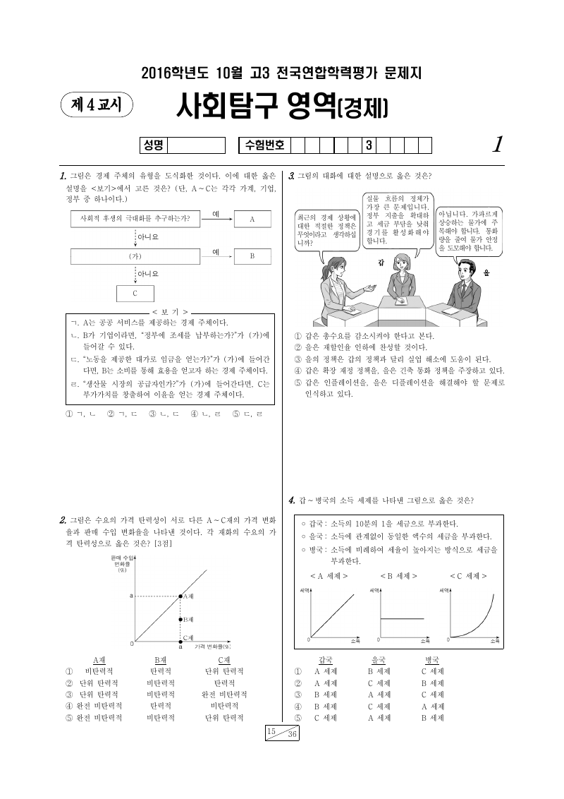2016년 10월 고3 학력평가 경제 시험지 첫 페이지