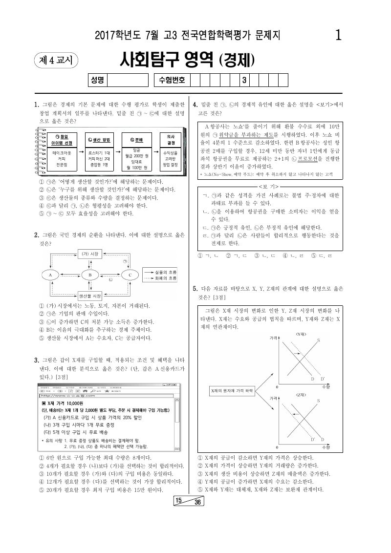 2017년 7월 고3 학력평가 경제 시험지 첫 페이지