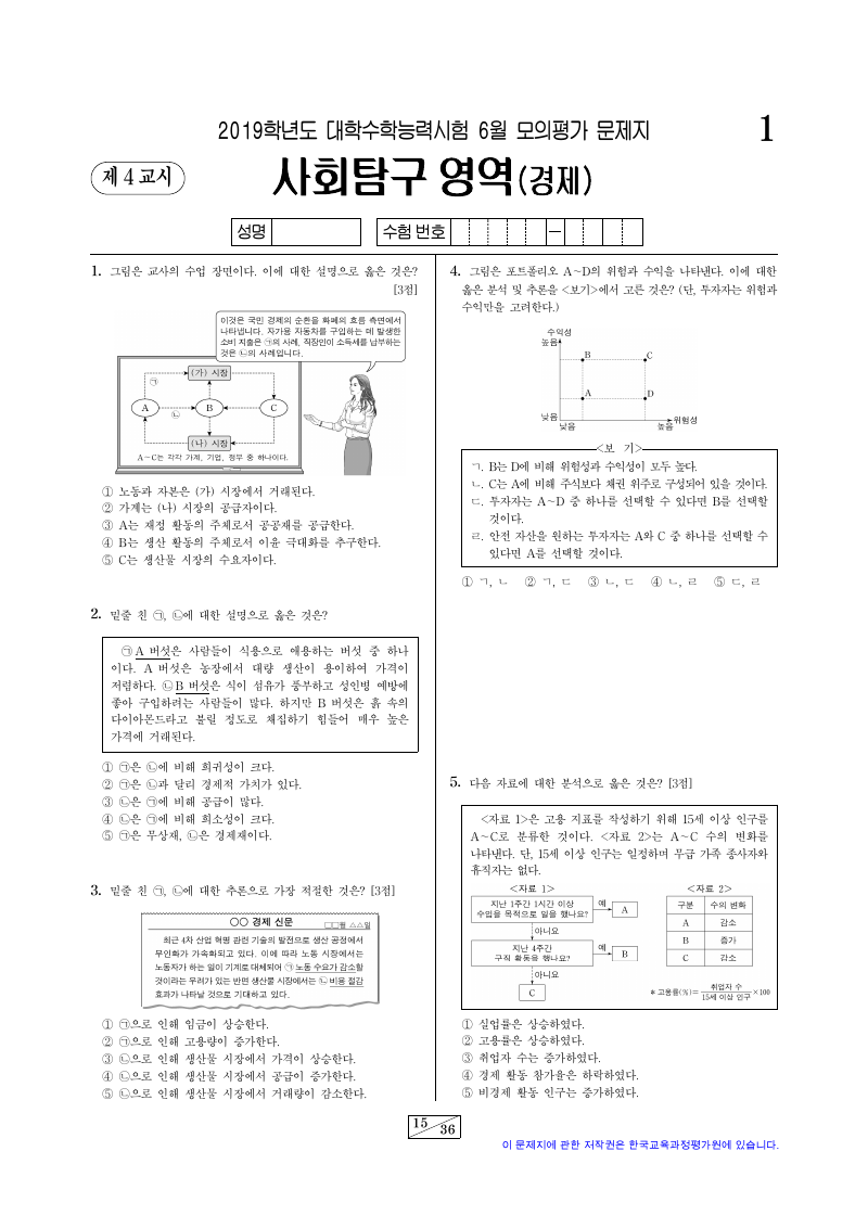 2019학년도 6월 모의평가 경제 시험지 첫 페이지