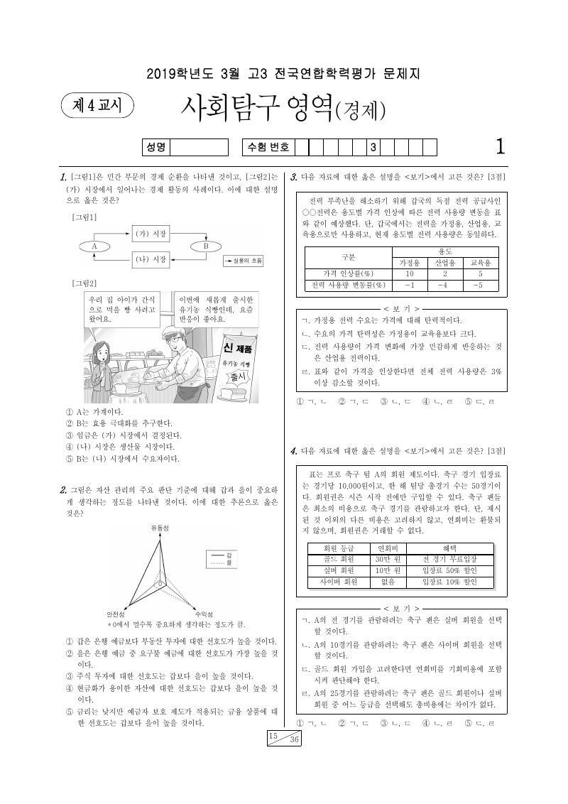 2019년 3월 고3 학력평가 경제 시험지 첫 페이지