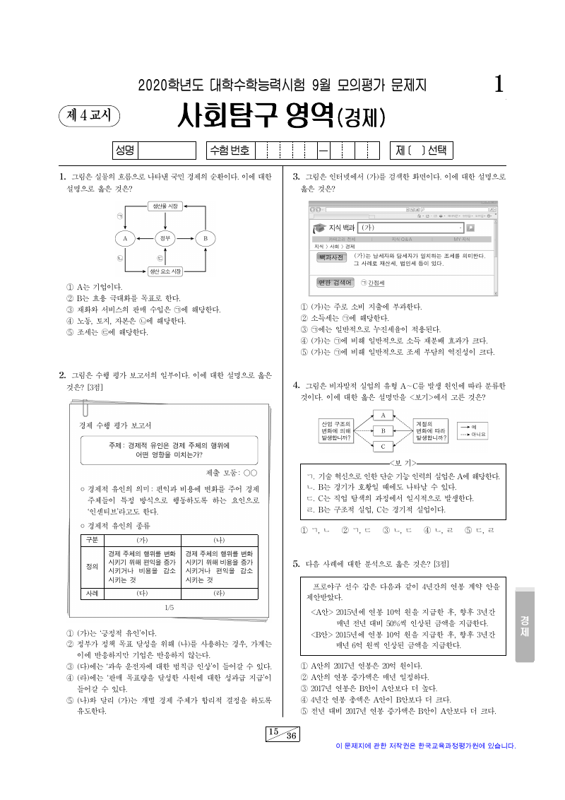 2020학년도 9월 모의평가 경제 시험지 첫 페이지