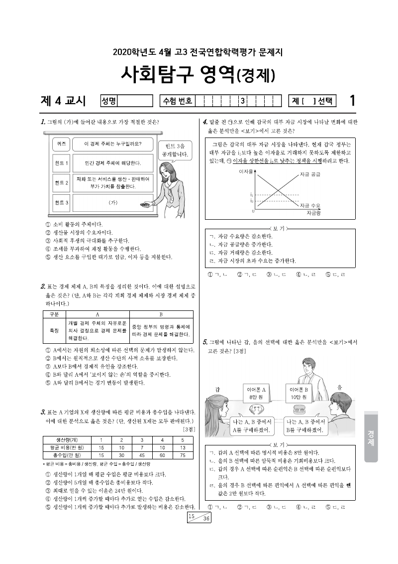 2020년 4월 고3 학력평가 경제 시험지 첫 페이지