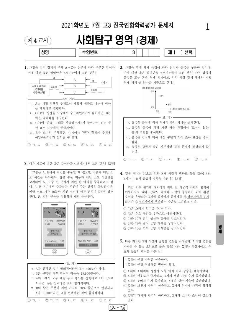 2021년 7월 고3 학력평가 경제 시험지 첫 페이지