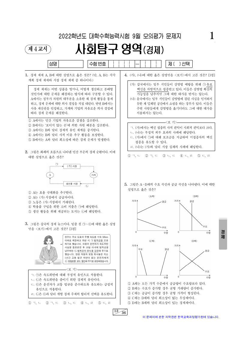 2022학년도 9월 모의평가 경제 시험지 첫 페이지
