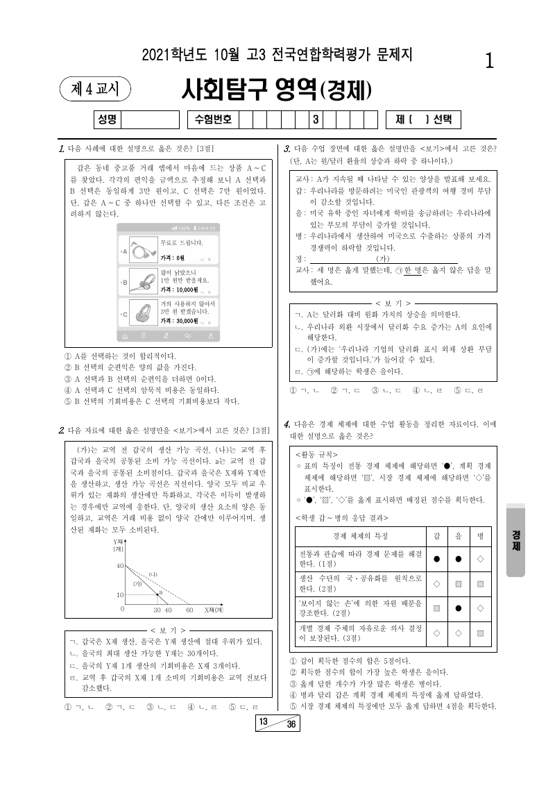 2021년 10월 고3 학력평가 경제 시험지 첫 페이지