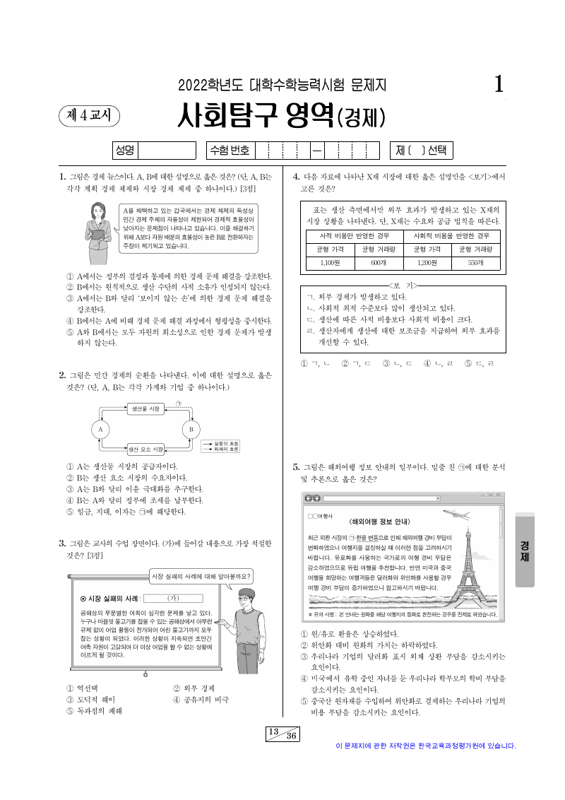 2022학년도 대학수학능력시험 경제 시험지 첫 페이지