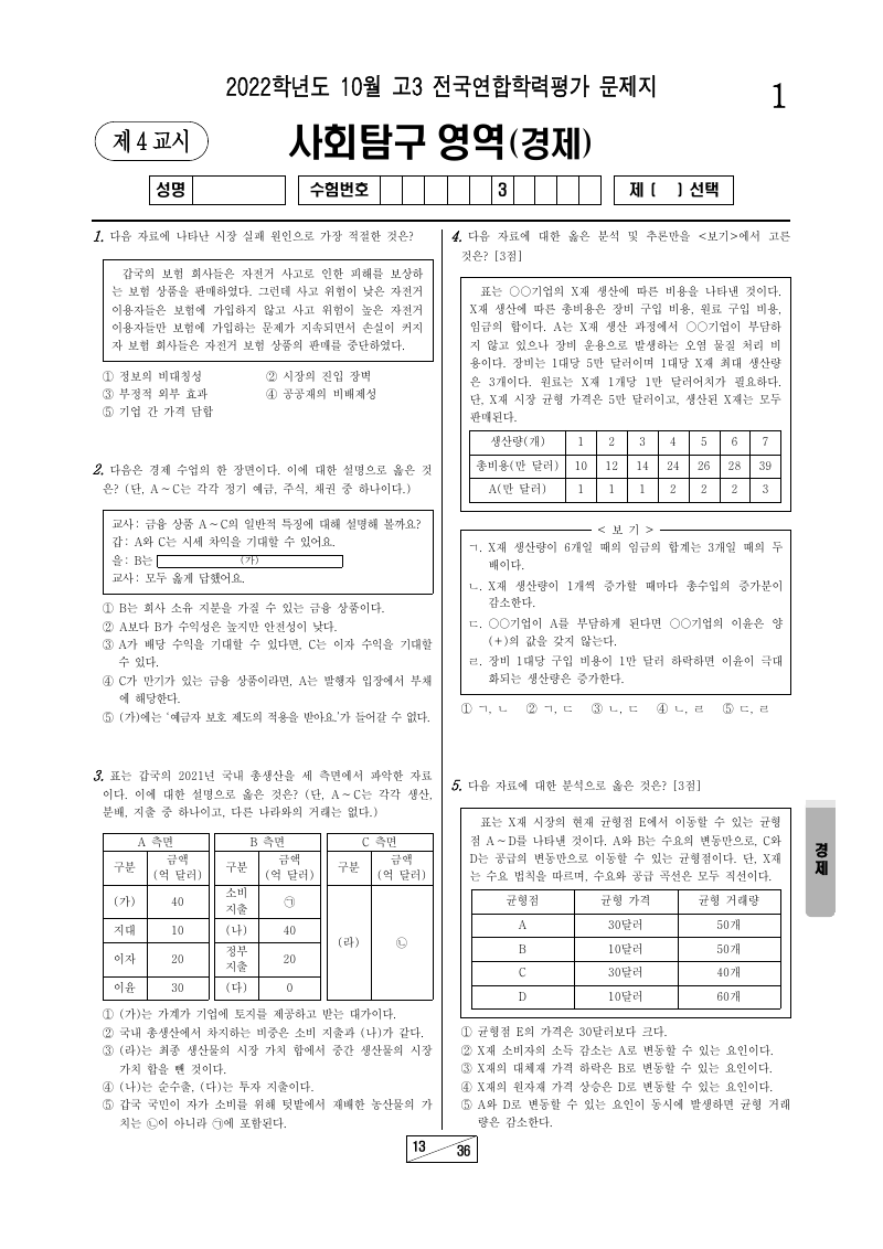 2022년 10월 고3 학력평가 경제 시험지 첫 페이지