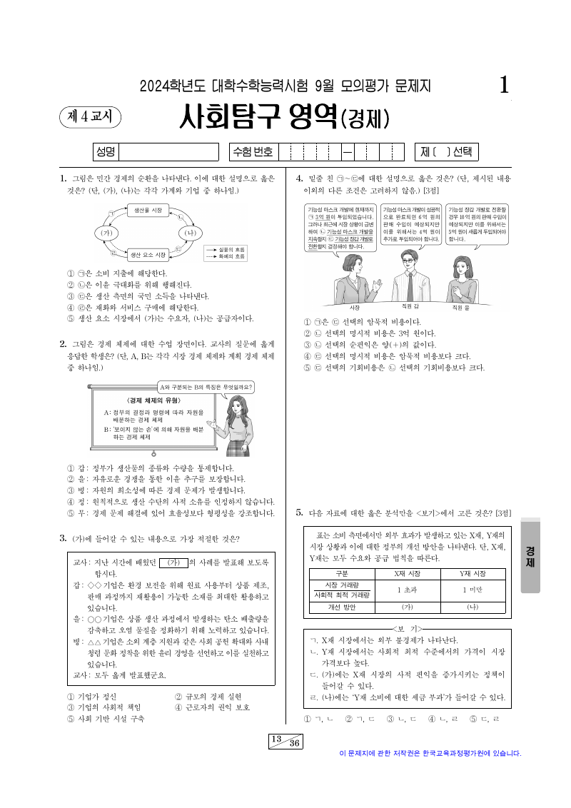 2024학년도 9월 모의평가 경제 시험지 첫 페이지