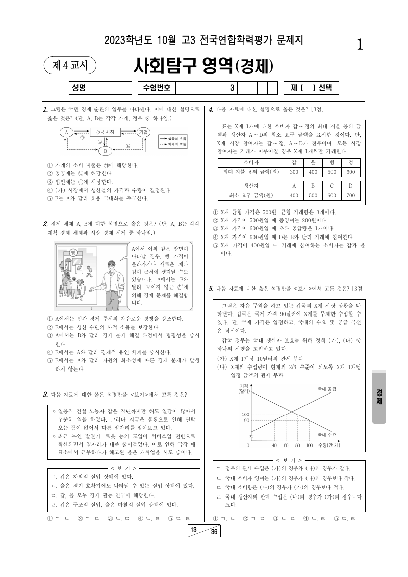 2023년 10월 고3 학력평가 경제 시험지 첫 페이지