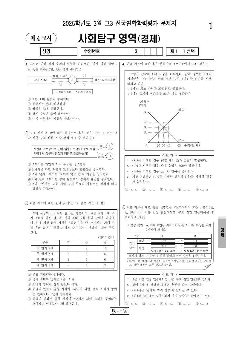 2025년 3월 고3 학력평가 경제 시험지 첫 페이지
