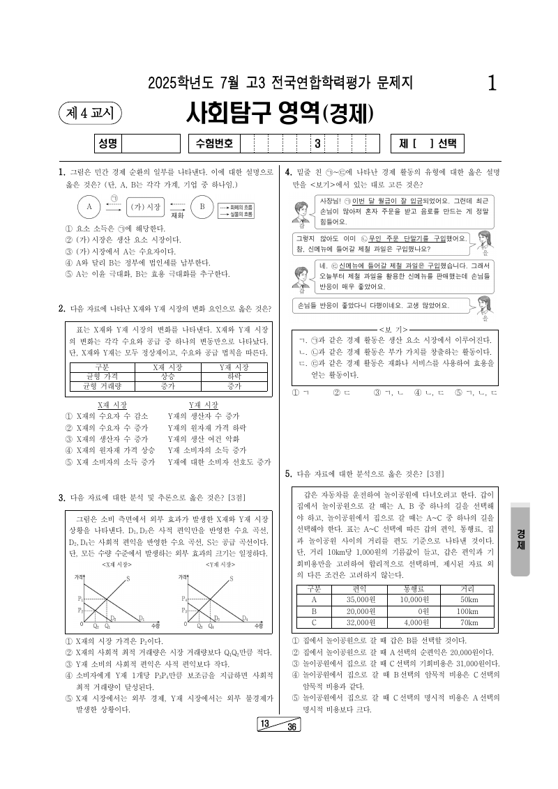 2025년 7월 고3 학력평가 경제 시험지 첫 페이지