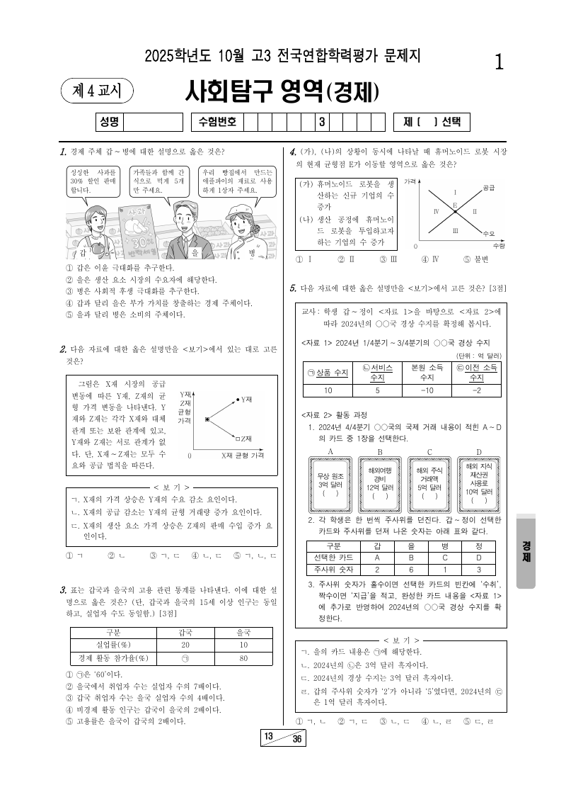 2025년 10월 고3 학력평가 경제 시험지 첫 페이지