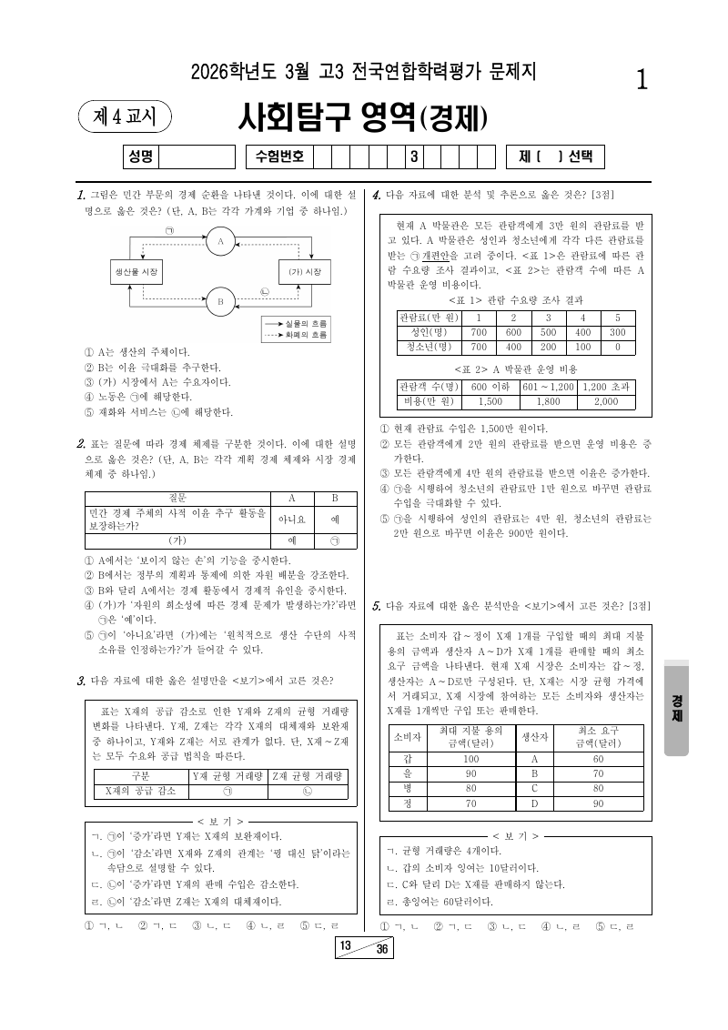 2026년 3월 고3 학력평가 경제 시험지 첫 페이지