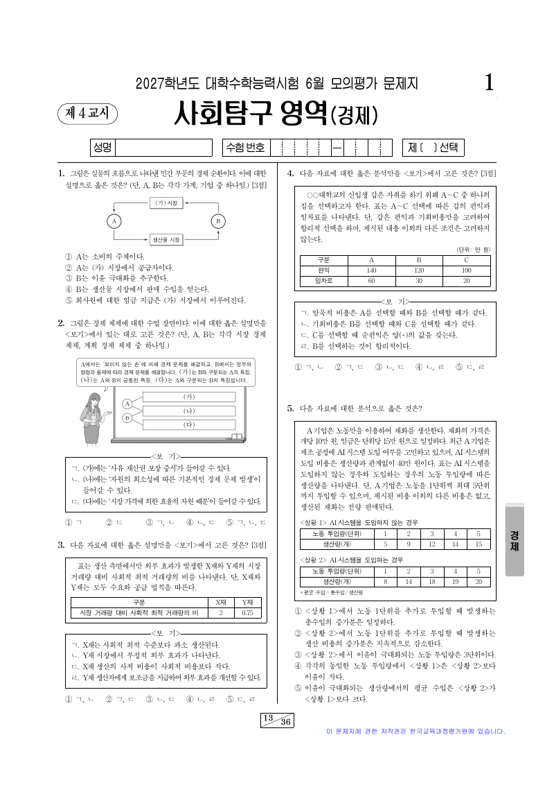 2027학년도 6월 모의평가 경제 시험지 첫 페이지