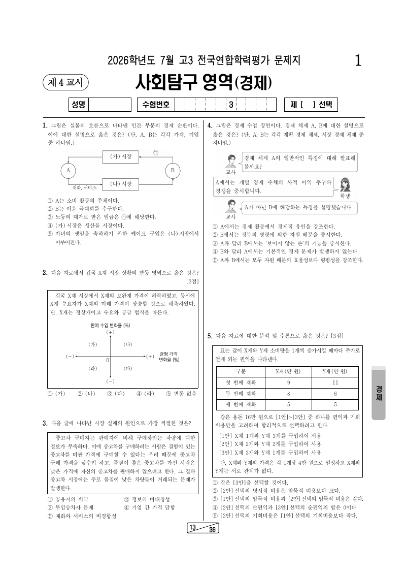 2026년 7월 고3 학력평가 경제 시험지 첫 페이지