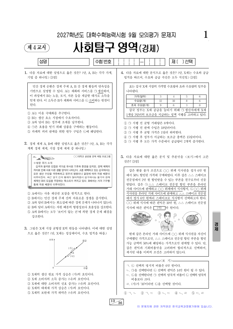 2027학년도 9월 모의평가 경제 시험지 첫 페이지