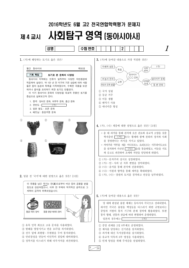 2016년 6월 고2 학력평가 동아시아사 시험지 첫 페이지