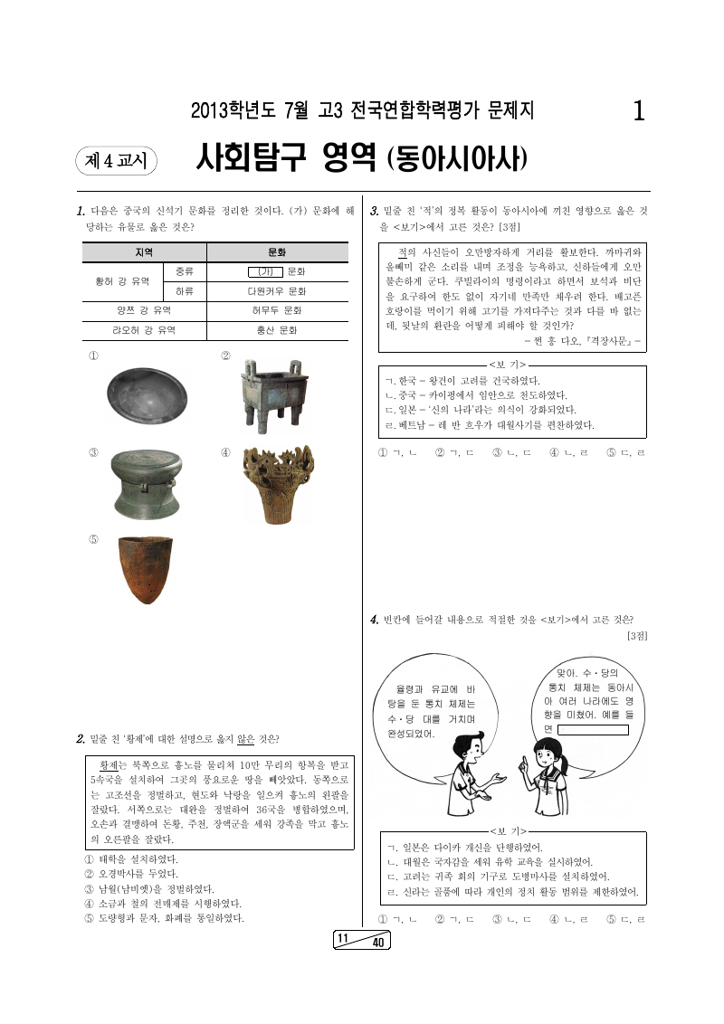 2013년 7월 고3 학력평가 동아시아사 시험지 첫 페이지