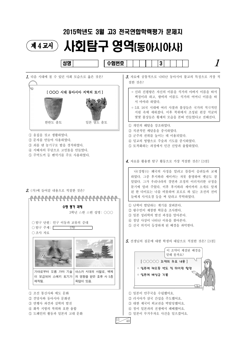 2015년 3월 고3 학력평가 동아시아사 시험지 첫 페이지