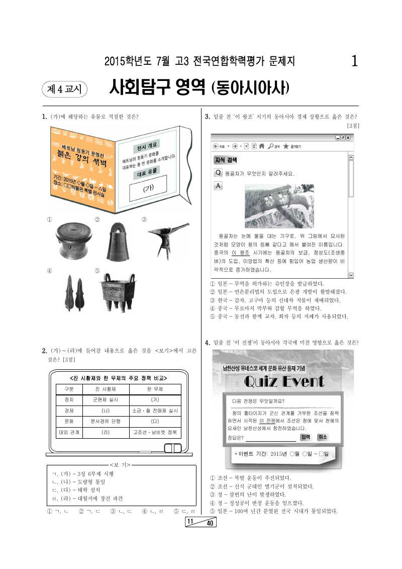 2015년 7월 고3 학력평가 동아시아사 시험지 첫 페이지
