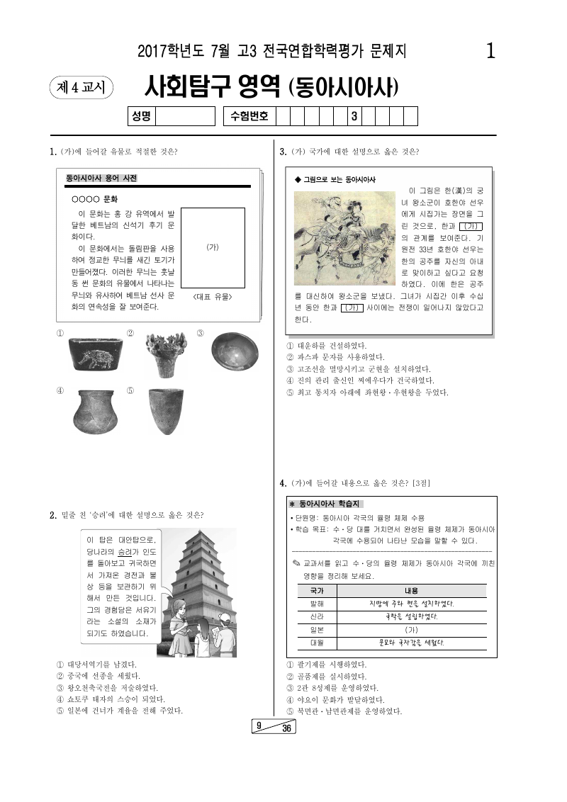 2017년 7월 고3 학력평가 동아시아사 시험지 첫 페이지